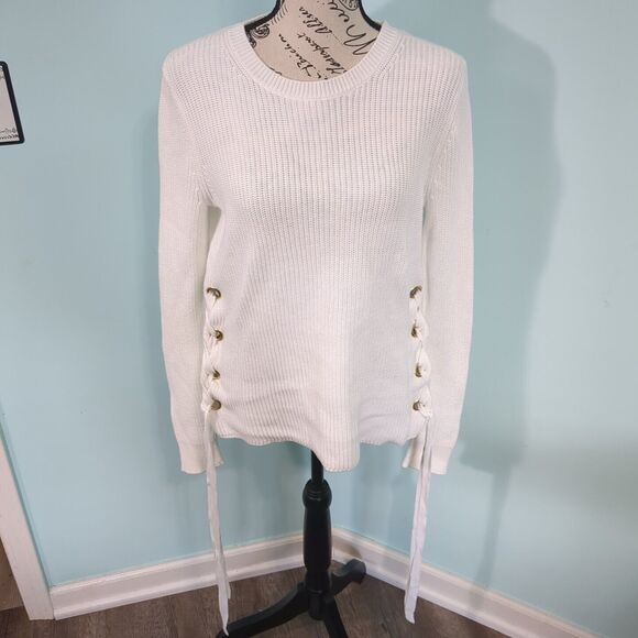 Michael Kors White Sweater with side whipstitching with gold accents medium - Picture 1 of 6